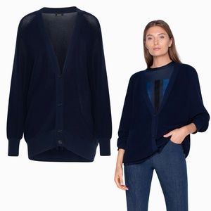 AKRIS Knit Cotton Cardigan Sweater Raglan Sleeves Dark Denim Navy Blue - US 10